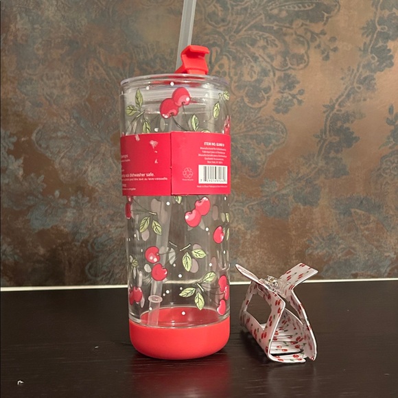 Cherry Print Tumbler with Straw - Red and Green. Cherry Hair Clip. - Picture 1 of 4